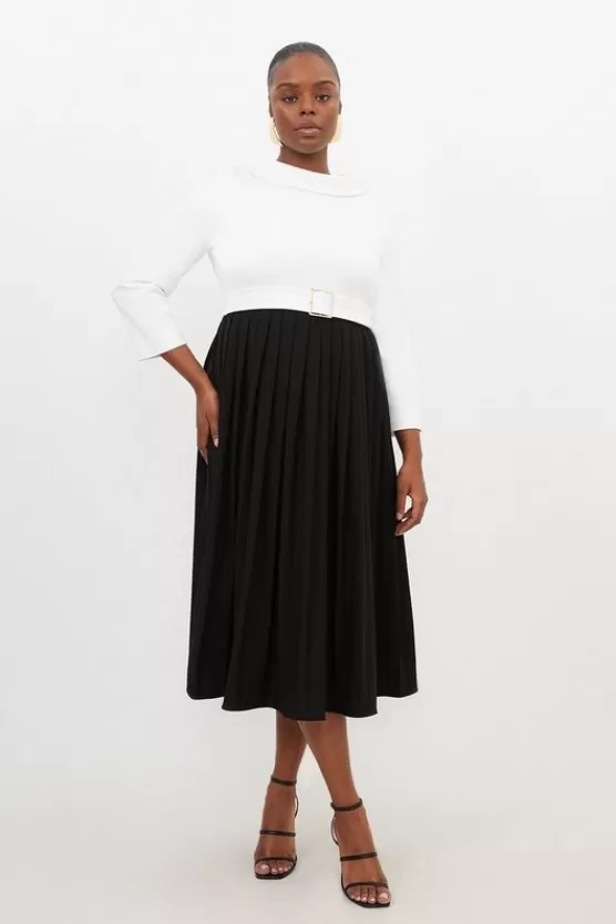 Sale Karen Millen Plus Size Tailored Structured Crepe Turtleneck Pleated Dress mono