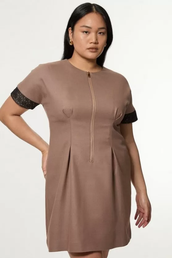 Best Sale Karen Millen Plus Size Tailored Twill Lace Mix Zip Front Mini Dress taupe