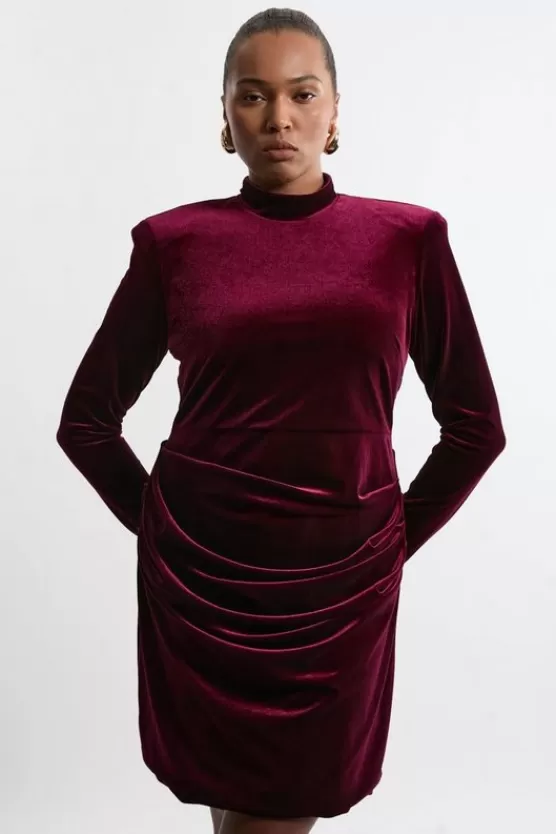 Fashion Karen Millen Plus Size Tailored Velvet High Neck Mini Dress merlot