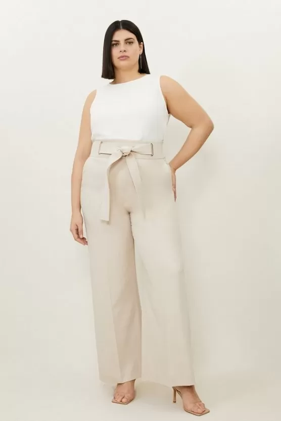 Best Karen Millen Plus Size Tailored Viscose Linen Eyelet Detail Belted Straight Leg Pants camel