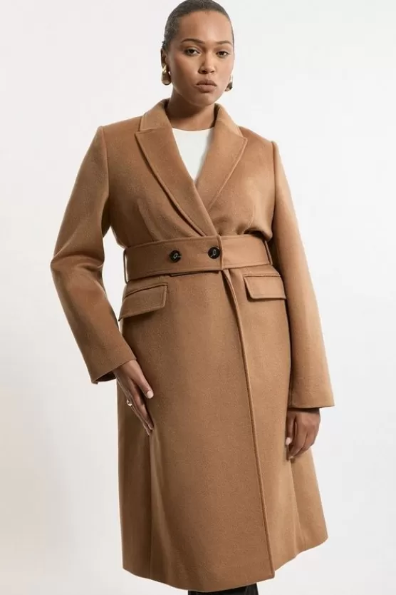 Store Karen Millen Plus Size Tailored Wool Blend Belted Midi Coat camel