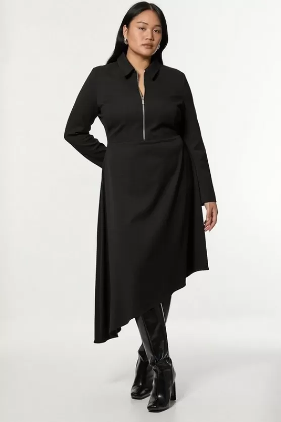 Cheap Karen Millen Plus Size Technical Crepe Tailored Metal Zip Detail High Low Midi Dress black