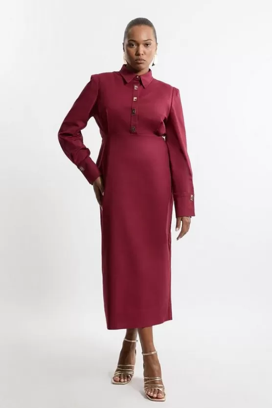 New Karen Millen Plus Size Techno Cotton Woven Maxi Shirt Dress With Gold Clasps berry