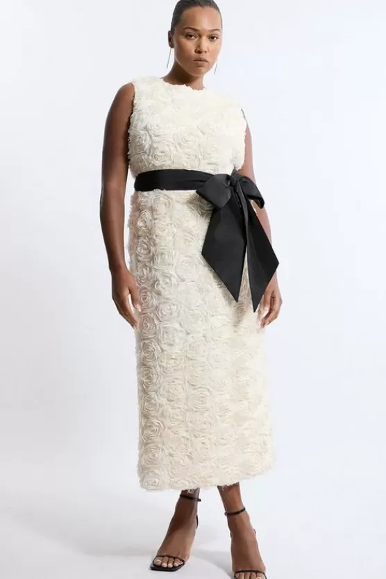 Hot Karen Millen Plus Size Textured Rosette Bow Belted Pencil Dress ivory
