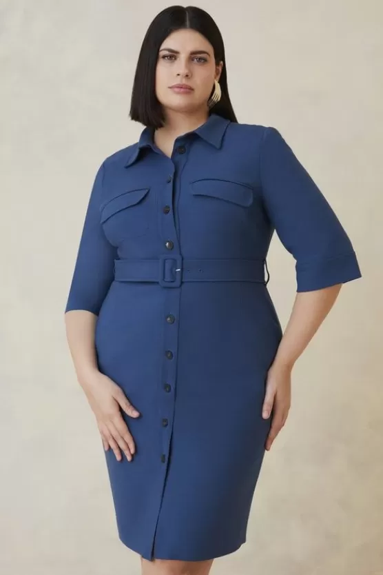 Flash Sale Karen Millen Plus Size The Founder Compact Stretch Belted Midi Dress denim-blue