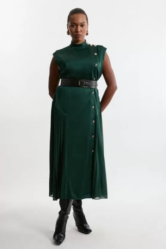 Fashion Karen Millen Plus Size Top Stitch Satin Georgette Strong Shoulder Midi Dress forest