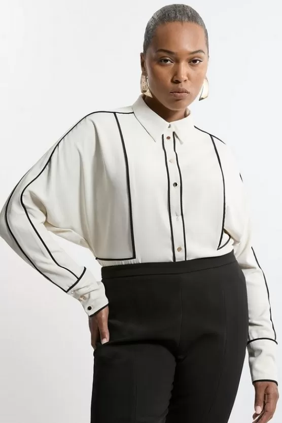 New Karen Millen Plus Size Twill Contrast Piping Woven Shirt neutral