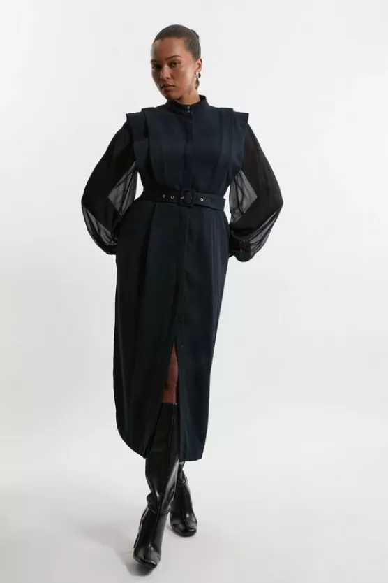 Best Karen Millen Plus Size Twill Pencil Woven Midi With Crinkle Sleeve navy