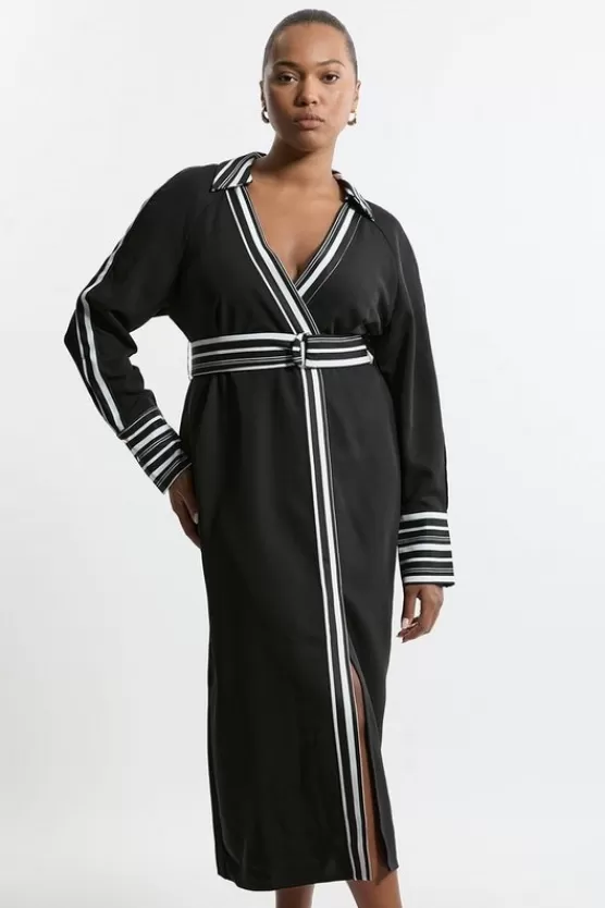 Outlet Karen Millen Plus Size Twill Stripe Detail Collared Midaxi Dress black