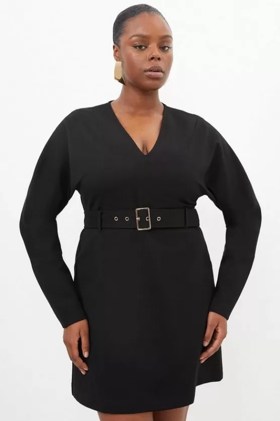 New Karen Millen Plus Size V Neck Belted Ponte Jersey Mini Dress black