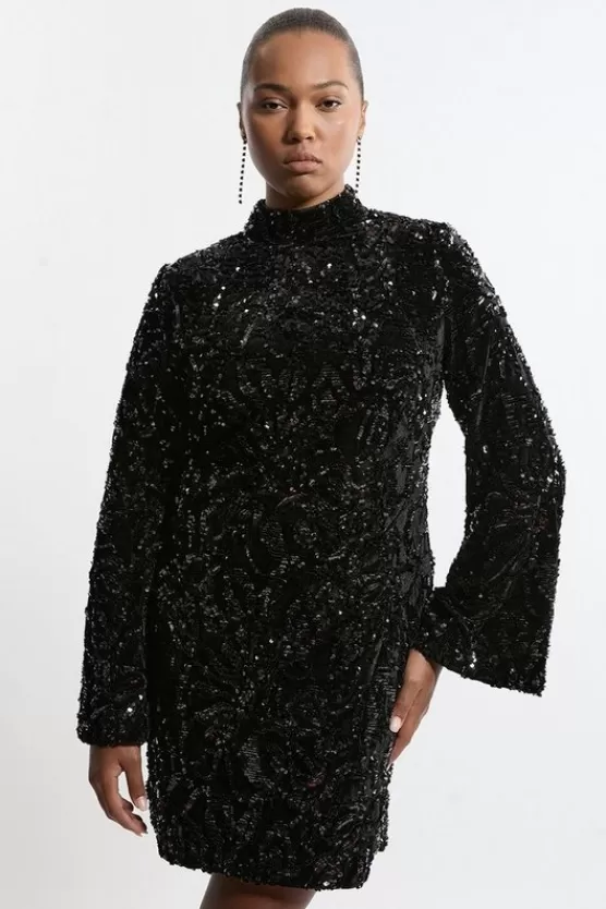 Outlet Karen Millen Plus Size Velvet Sequin Flare Woven Mini Dress black