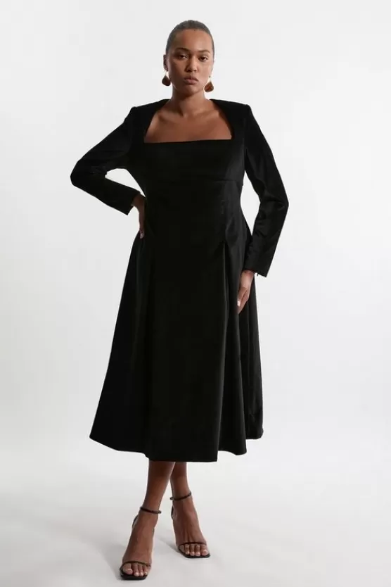 Best Sale Karen Millen Plus Size Velvet Tailored Pleat Full Skirted Maxi Dress black