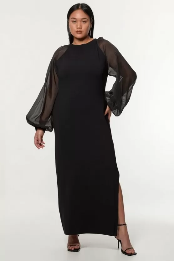 Online Karen Millen Plus Size Viscose Blend Compact Knit Chiffon Sleeve Maxi Dress black