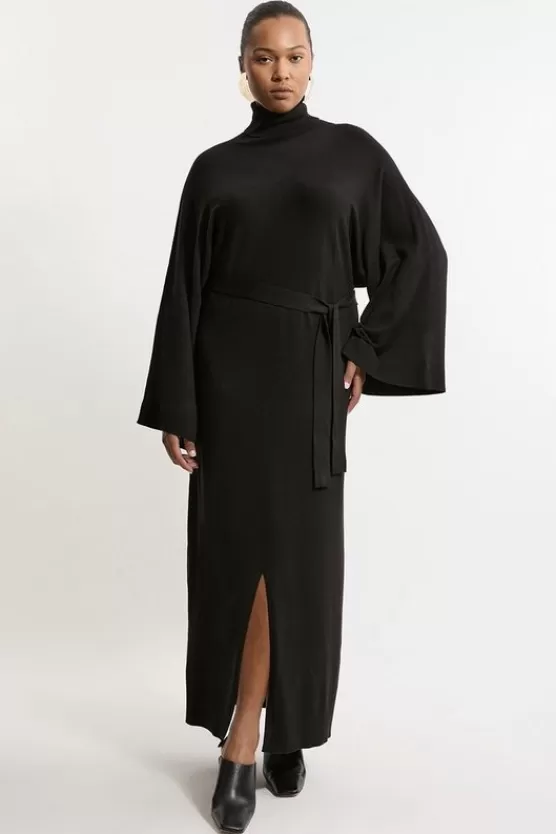 Store Karen Millen Plus Size Viscose Blend Funnel Neck Belted Knitted Midi Dress black