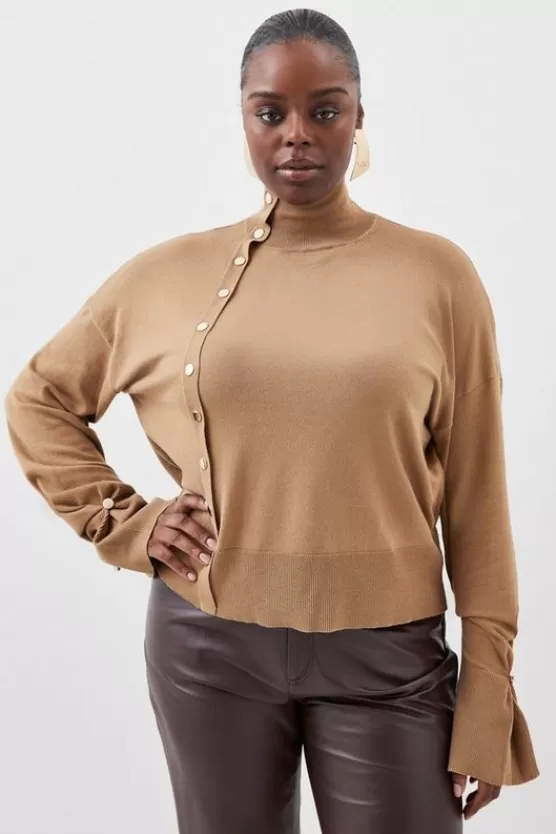 Discount Karen Millen Plus Size Viscose Blend Knit Popper Detail Sweater camel