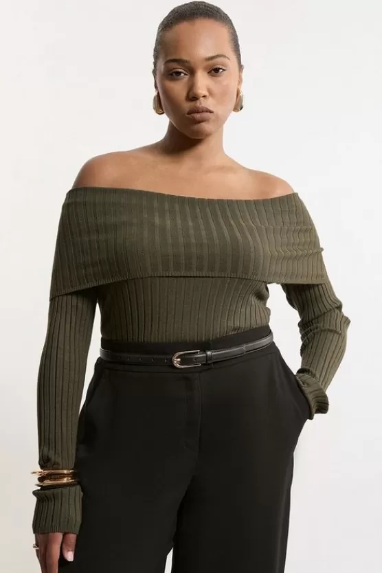 Store Karen Millen Plus Size Viscose Blend Off The Shoulder Knit Sweater olive