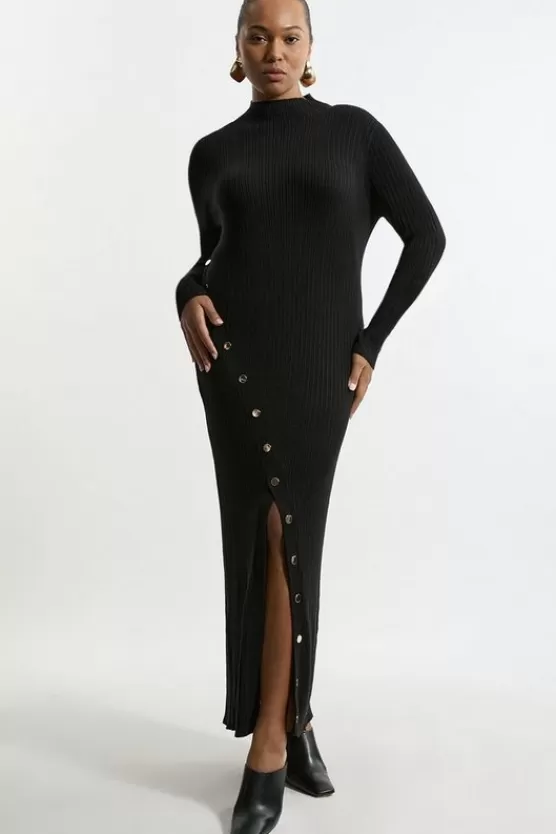 Fashion Karen Millen Plus Size Viscose Blend Popper Detail Split Knit Midaxi Dress black