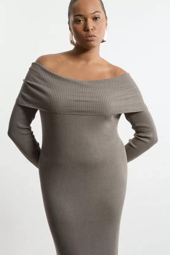 Outlet Karen Millen Plus Size Viscose Blend Rib Detail Off The Shoulder Knit Midi Dress grey