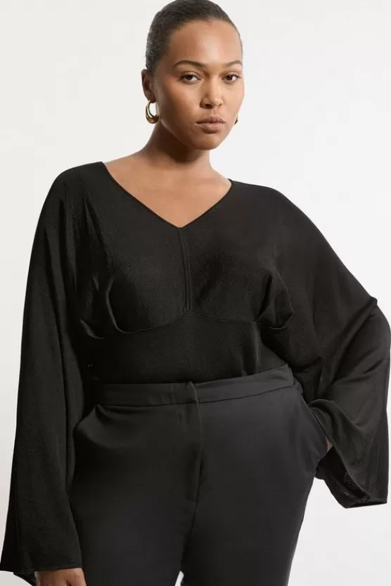 Fashion Karen Millen Plus Size Viscose Blend Slinky Kimono Sleeve Knit Top black