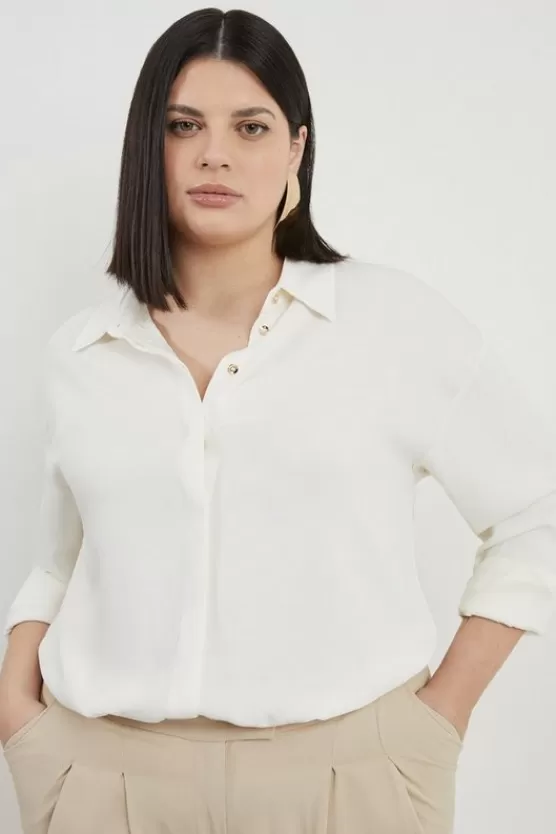 Cheap Karen Millen Plus Size Viscose Crepe Long Sleeve Collared Shirt ivory
