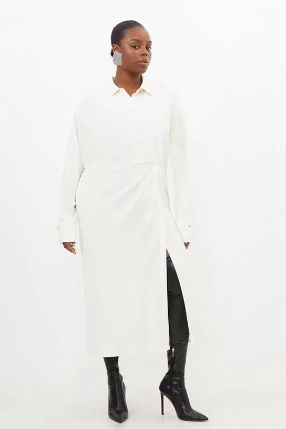 Outlet Karen Millen Plus Size Viscose Crepe Long Sleeve Woven Midi Shirt Dress cream