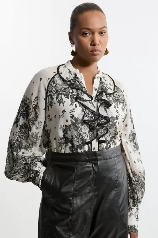Best Sale Karen Millen Plus Size Viscose Crinkle Placed Lace Printed Blouse black_white