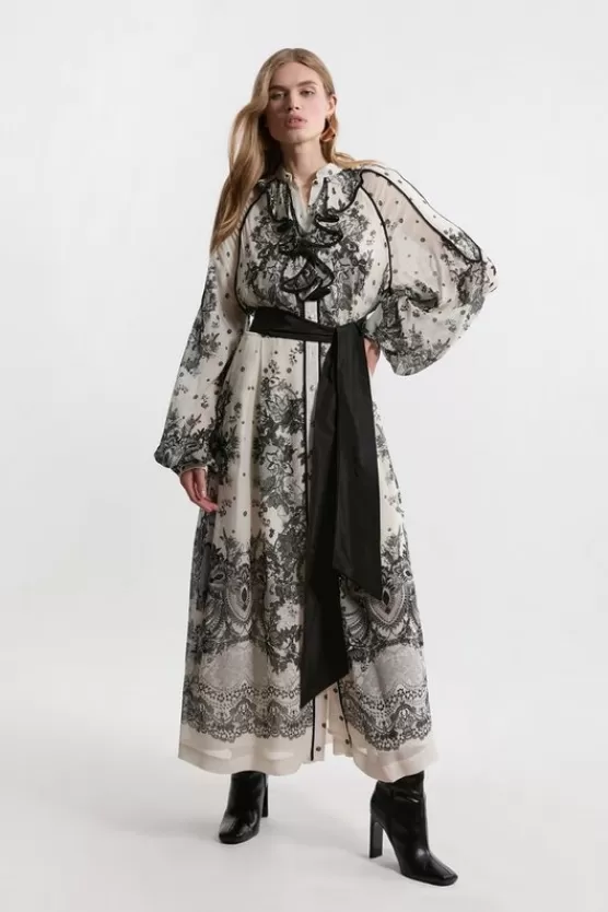 Shop Karen Millen Plus Size Viscose Crinkle Placed Lace Printed Woven Midaxi Dress black_white