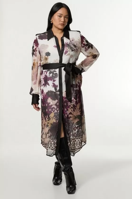 Best Karen Millen Plus Size Viscose Georgette Border Print Woven Midi Shirt Dress neutral