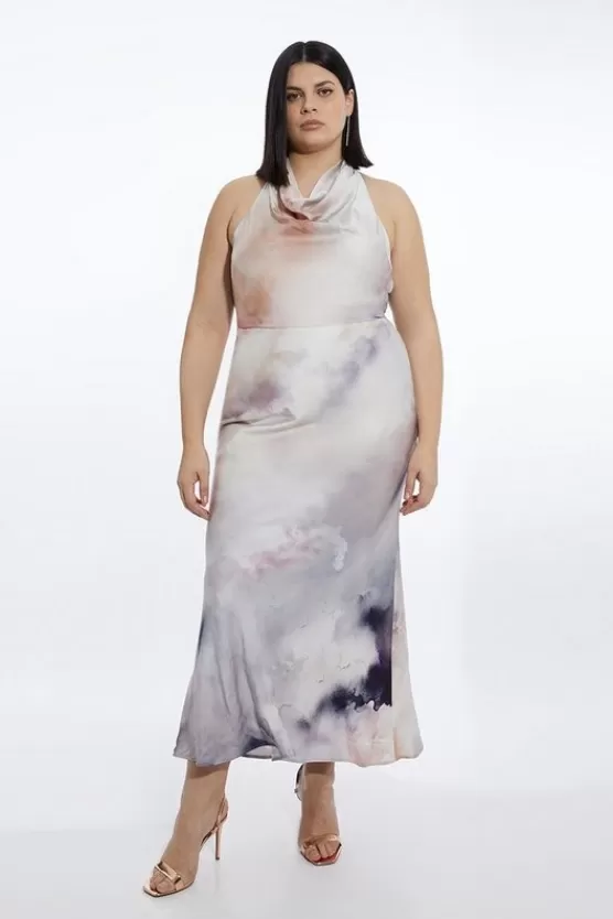 New Karen Millen Plus Size Viscose Georgette Cowl Neck Woven Maxi Dress cloudgrey