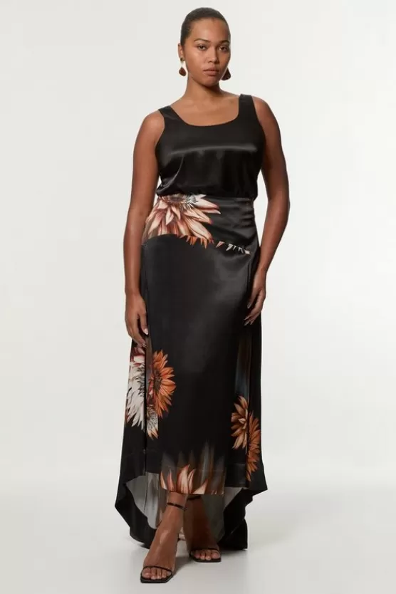 Discount Karen Millen Plus Size Viscose Satin Printed Panelled Train Maxi Skirt floral
