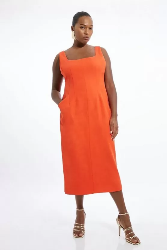 Hot Karen Millen Plus Size Viscose Tencel Tailo Square Neck Pencil Maxi Dress red