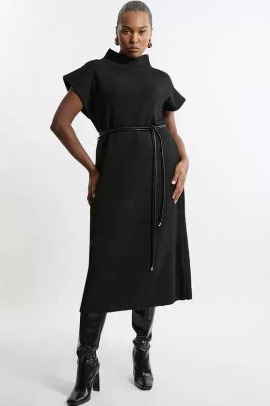 Cheap Karen Millen Plus Size Wool Blend Cosy Knit Belted Midaxi Dress black