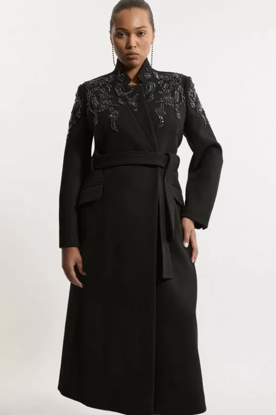 Store Karen Millen Plus Size Wool Blend Crystal Embellished Notch Neck Belted Midi Coat black