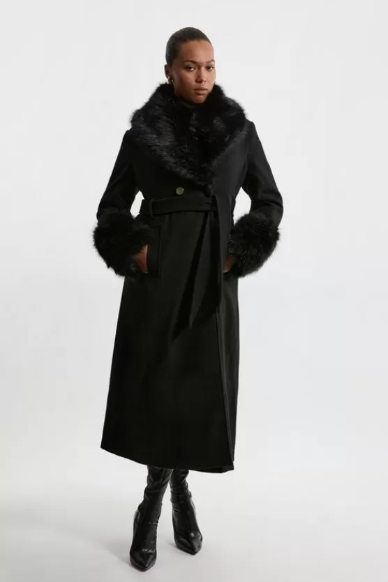 Hot Karen Millen Plus Size Wool Blend Detachable Faux Fur Belted Midi Coat black
