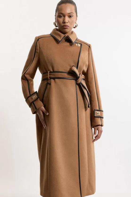 Hot Karen Millen Plus Size Wool Blend Pu Trim Belted Tailored Double Breasted Coat camel