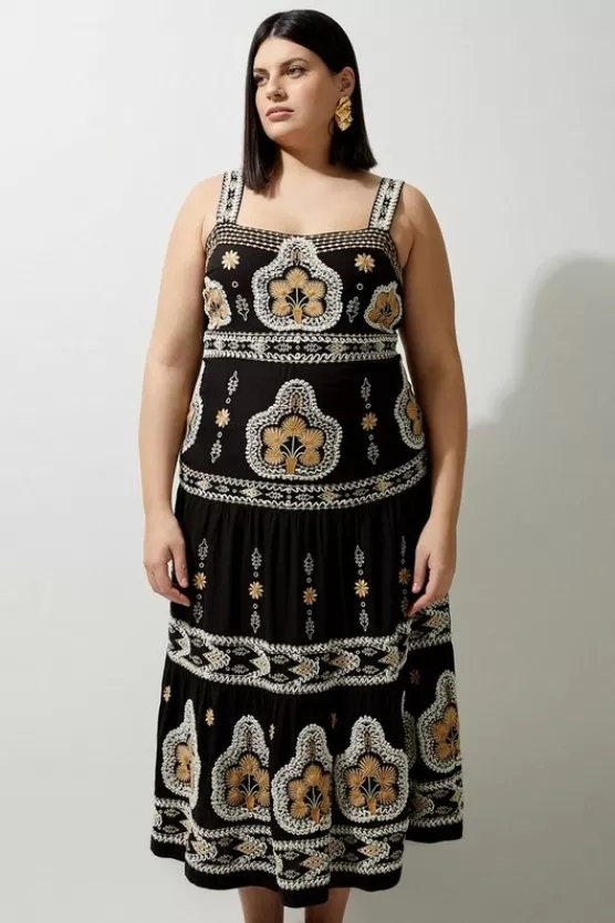 Flash Sale Karen Millen Plus Size Woven Embroidered Strappy Woven Midi Dress black