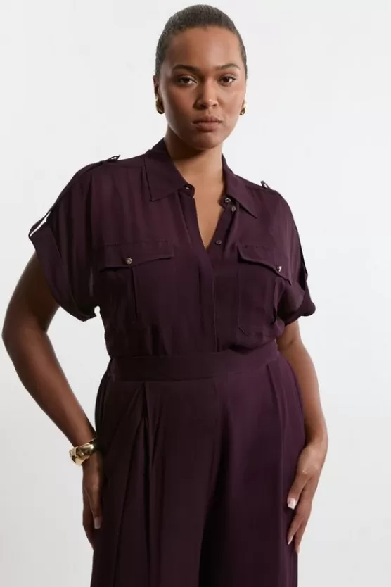 Discount Karen Millen Plus Size Woven Viscose Short Sleeved Shirt midnightpurple