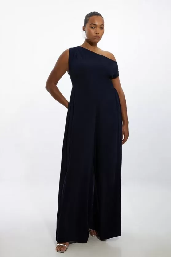 Sale Karen Millen Plus Structured Crepe Drop Shoulder Pleated Panel Jumpsuit navy