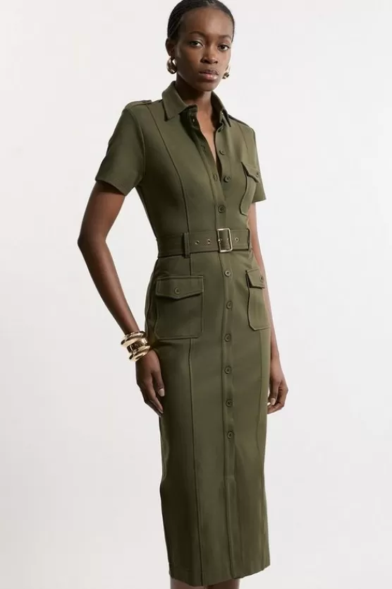 Store Karen Millen Pocket Detail Ponte Jersey Short Sleeve Midi Dress khaki