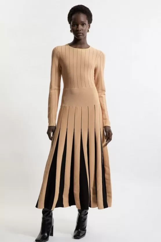 Hot Karen Millen Pointelle Color Block Full Skirted Viscose Blend Knit Dress camel
