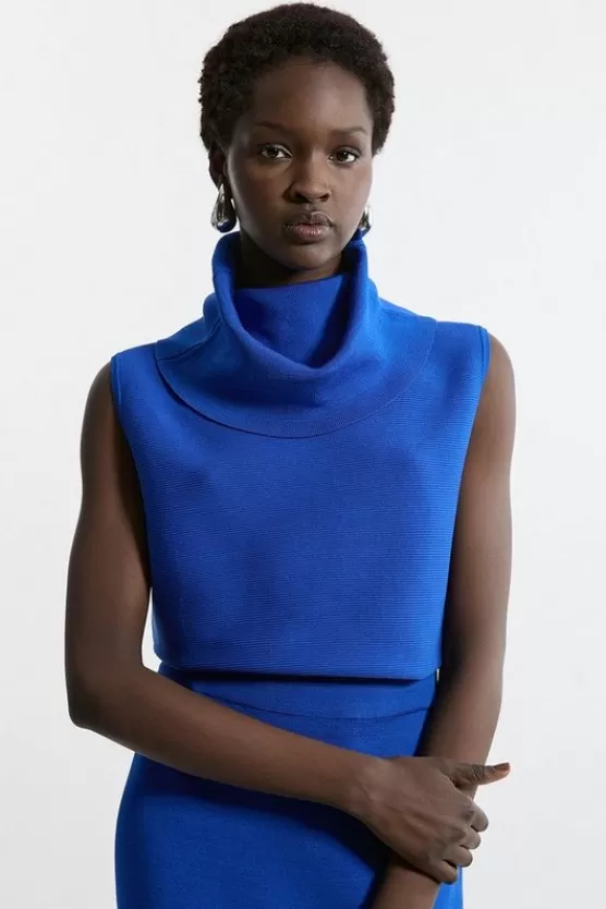 New Karen Millen Polished Slinky Knit Turtleneck Top cobalt