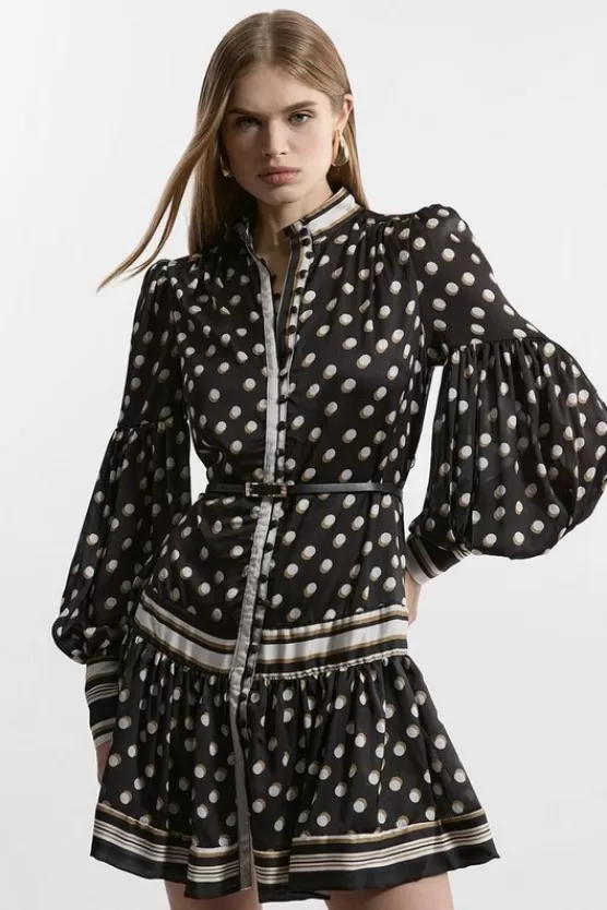 Shop Karen Millen Polka Dot Woven Balloon Sleeve Belted Mini Dress mono