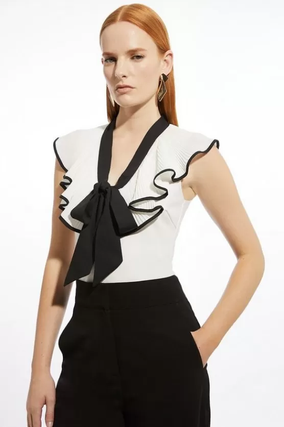 Outlet Karen Millen Ponte And Georgette Jersey Contrast Frill Detail Bodysuit mono