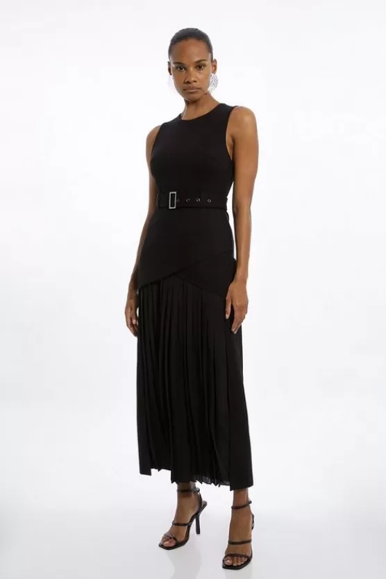 Outlet Karen Millen Ponte And Georgette Jersey Pleated Maxi Dress black