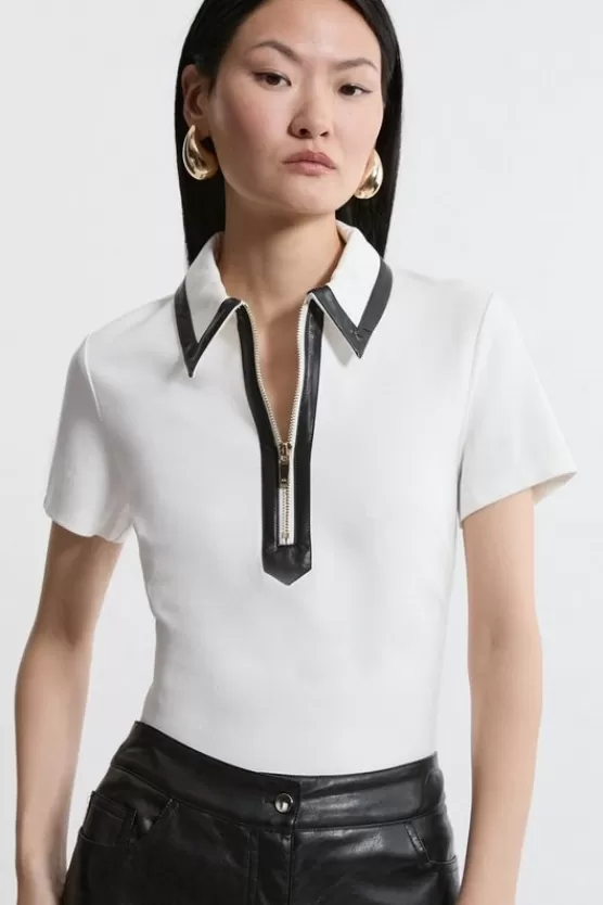 Sale Karen Millen Ponte And Pu Zip Detail Top ivory