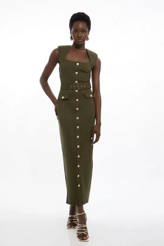 Discount Karen Millen Ponte Belted Cap Sleeve Midi Dress khaki