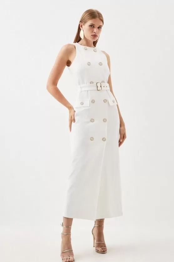 Clearance Karen Millen Ponte Button Detail Belted Midi Dress ivory