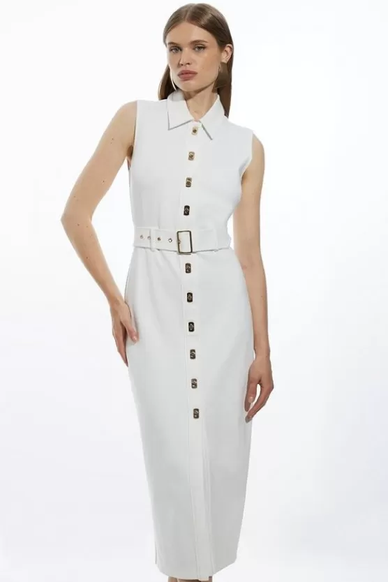 Online Karen Millen Ponte Jersey Hardwear And Pu Detail Midi Dress ivory