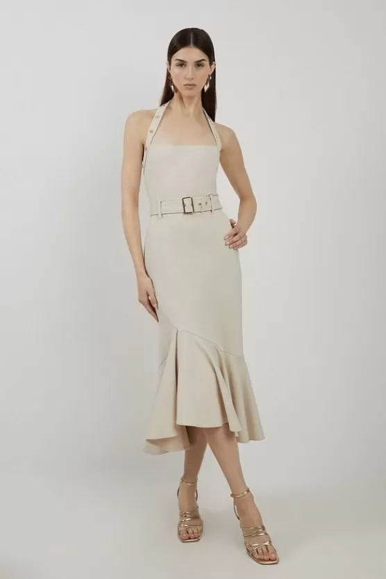 Hot Karen Millen Ponte Jersey Strappy Waterfall Hem Midi Dress cream