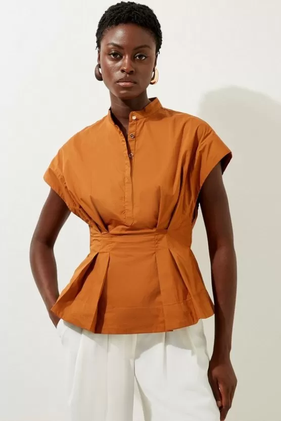 Hot Karen Millen Poplin Cap Sleeve Buttoned Pintuck Woven Shirt toffee